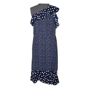 A New Day Ruffle Midi Dress L One Shoulder Navy White Polka Dot Sleeveless Flowy